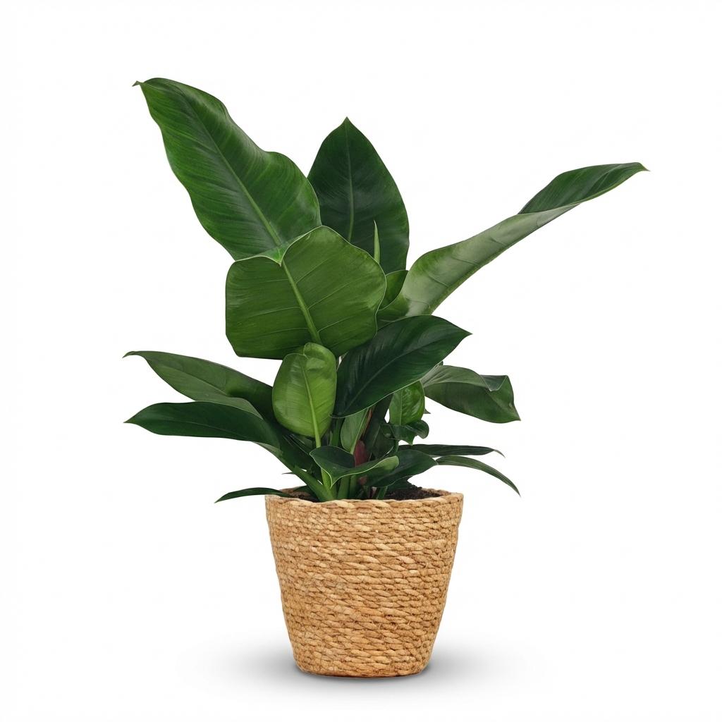 Green boutiQ - Zimmerpflanze - Philodendron - Philodendron Imperial Green - Grün - Pflegeleicht - 1 Pflanze - mit Korb - Topf 19cm - Höhe 65cm