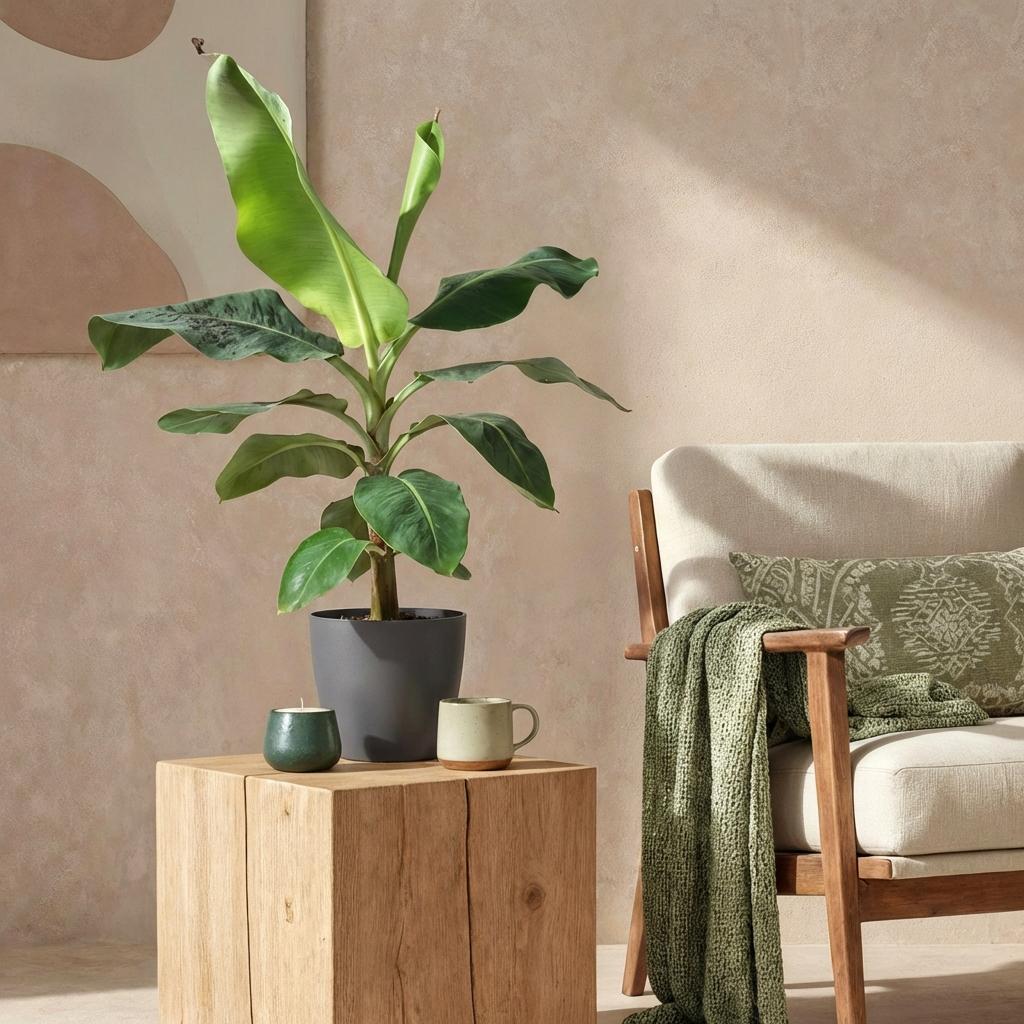 Green BoutiQ - Zimmerpflanzen - Musa acuminata Dwarf Cavendish - Bananenpflanze - Pflegeleicht - Grün - 1 Pflanze - mit Übertopf Grau - Topf 21cm - Höhe 70-75cm