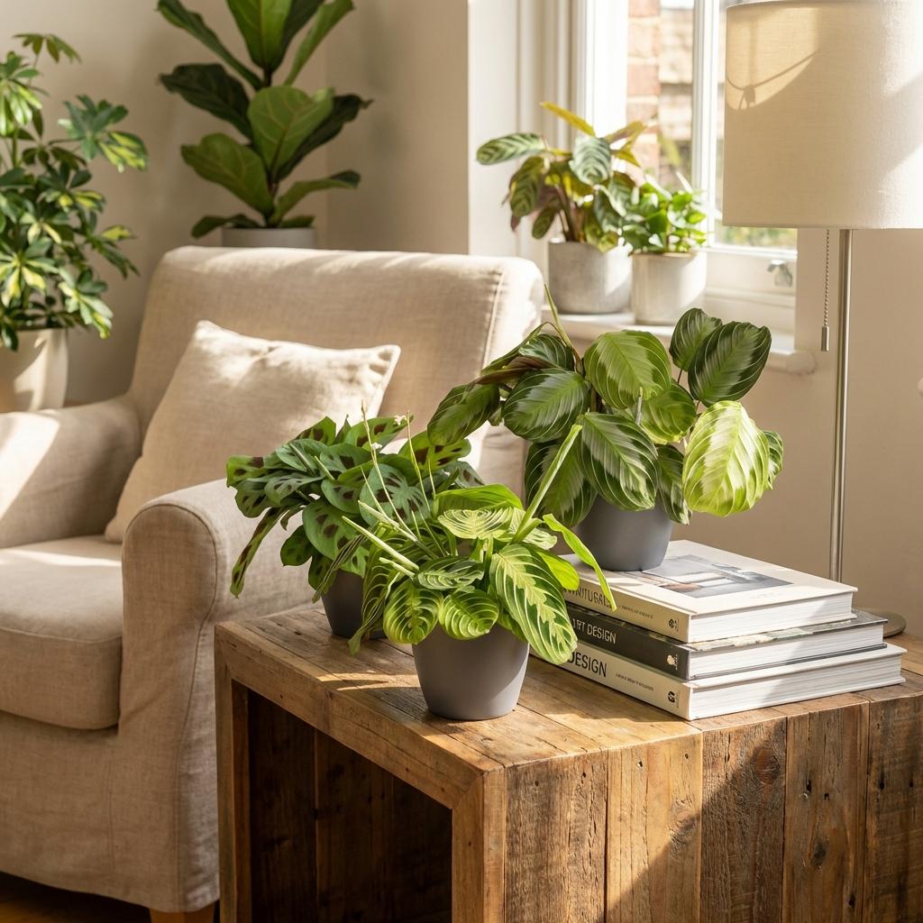 Green boutiQ - Zimmerpflanze - Maranta Silverband, Maranta Lemon Lime, Maranta Kerchoveana - Gebetspflanze - Tierfreundliche Pflanze - Grün - 3 Pflanzen - mit Übertopf Grau - Topf 12cm - Höhe 25cm