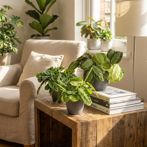 Green boutiQ - Zimmerpflanze - Maranta Silverband, Maranta Lemon Lime, Maranta Kerchoveana - Gebetspflanze - Tierfreundliche Pflanze - Grün - 3 Pflanzen - mit Übertopf Grau - Topf 12cm - Höhe 25cm