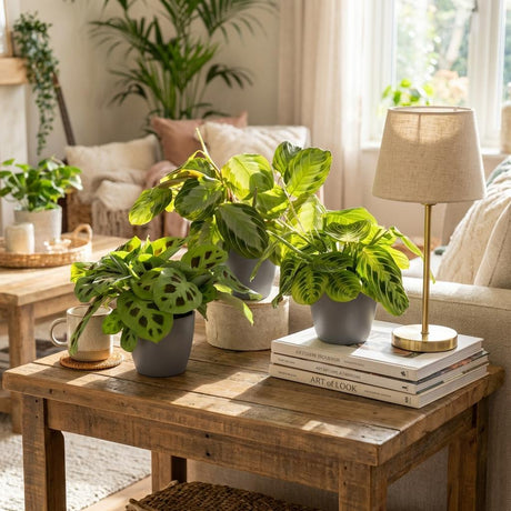 Green boutiQ - Zimmerpflanze - Maranta Silverband, Maranta Lemon Lime, Maranta Kerchoveana - Gebetspflanze - Tierfreundliche Pflanze - Grün - 3 Pflanzen - mit Übertopf Grau - Topf 12cm - Höhe 25cm