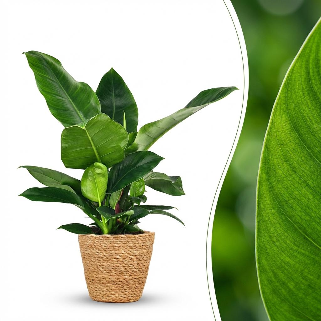 Green boutiQ - Zimmerpflanze - Philodendron - Philodendron Imperial Green - Grün - Pflegeleicht - 1 Pflanze - mit Korb - Topf 19cm - Höhe 65cm