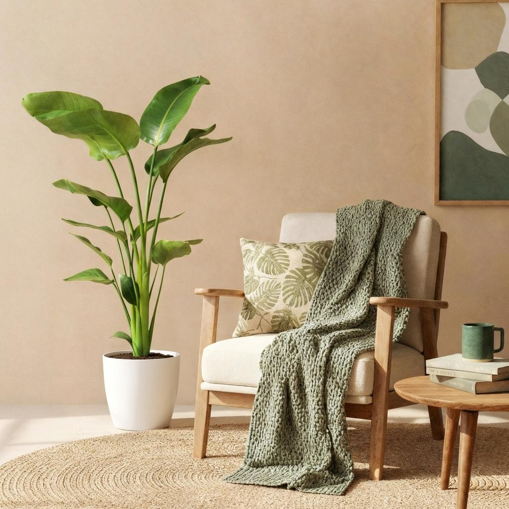 Green BoutiQ - Zimmerpflanzen - Strelitzia Nicolai - Paradiesvogelblume - Pflegeleicht - Grün - 1 Pflanze - mit weißem Topf - Topf 21cm - Höhe 110-120cm