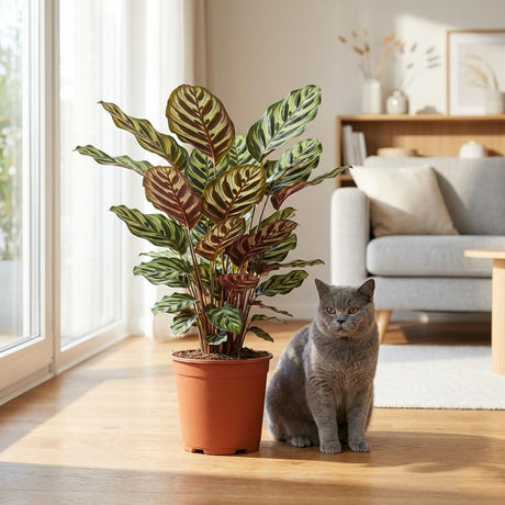 Green boutiQ – Zimmerpflanze – Pfauenpflanze – Calathea Makoyana – Grün – Pflegeleicht – 1 Pflanze – mit Korb – Topf 19cm – Höhe 70cm