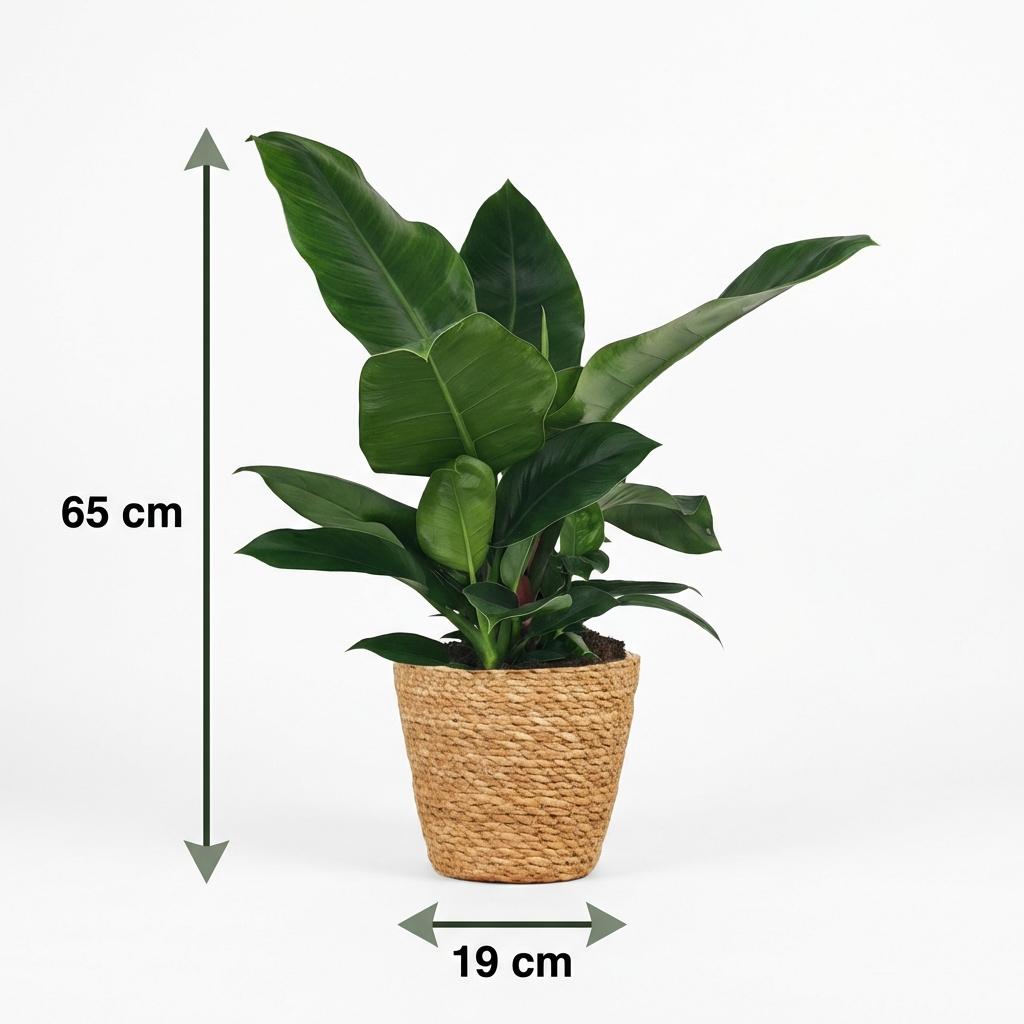 Green boutiQ - Zimmerpflanze - Philodendron - Philodendron Imperial Green - Grün - Pflegeleicht - 1 Pflanze - mit Korb - Topf 19cm - Höhe 65cm
