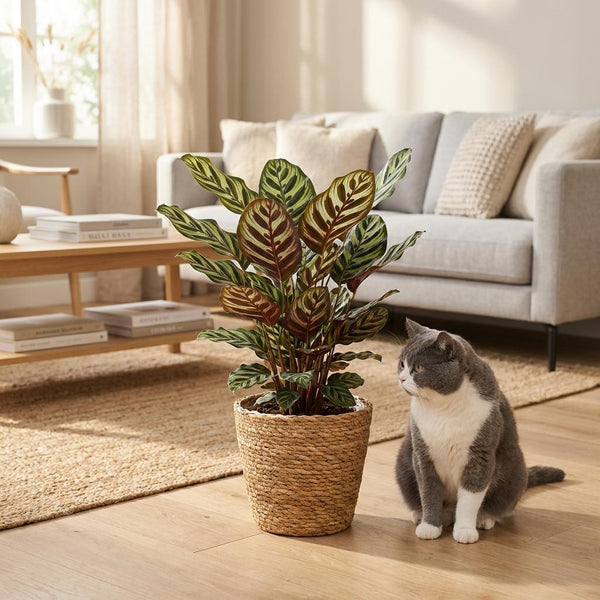 Green boutiQ – Zimmerpflanze – Pfauenpflanze – Calathea Makoyana – Grün – Pflegeleicht – 1 Pflanze – mit Korb – Topf 19cm – Höhe 70cm
