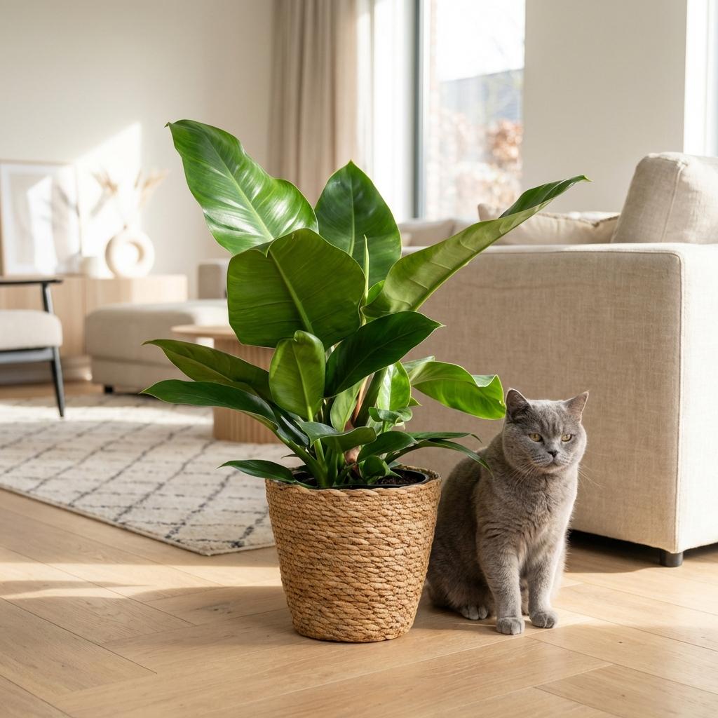 Green boutiQ - Zimmerpflanze - Philodendron - Philodendron Imperial Green - Grün - Pflegeleicht - 1 Pflanze - mit Korb - Topf 19cm - Höhe 65cm